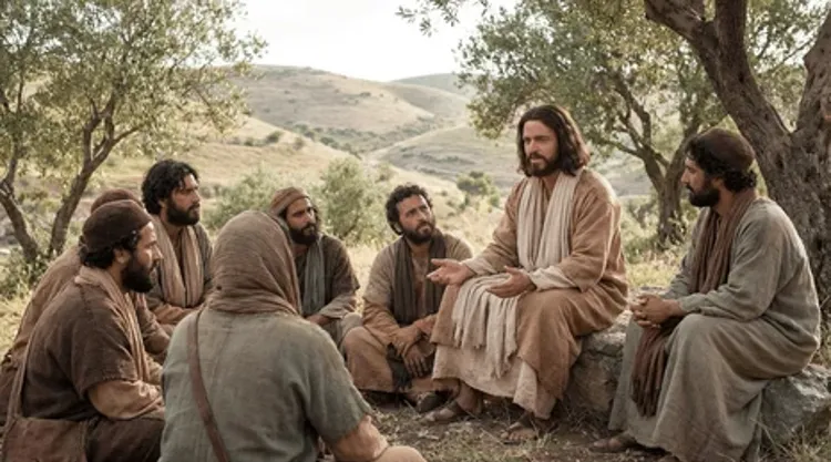 Jesus teaching his disciples on a hillside.