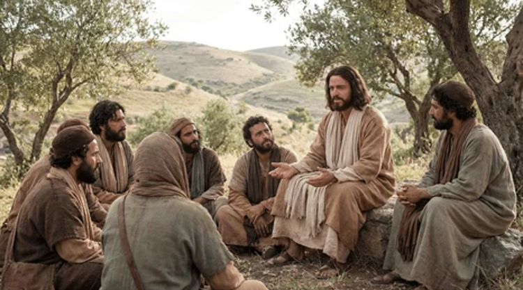 Jesus teaching his disciples on a hillside.