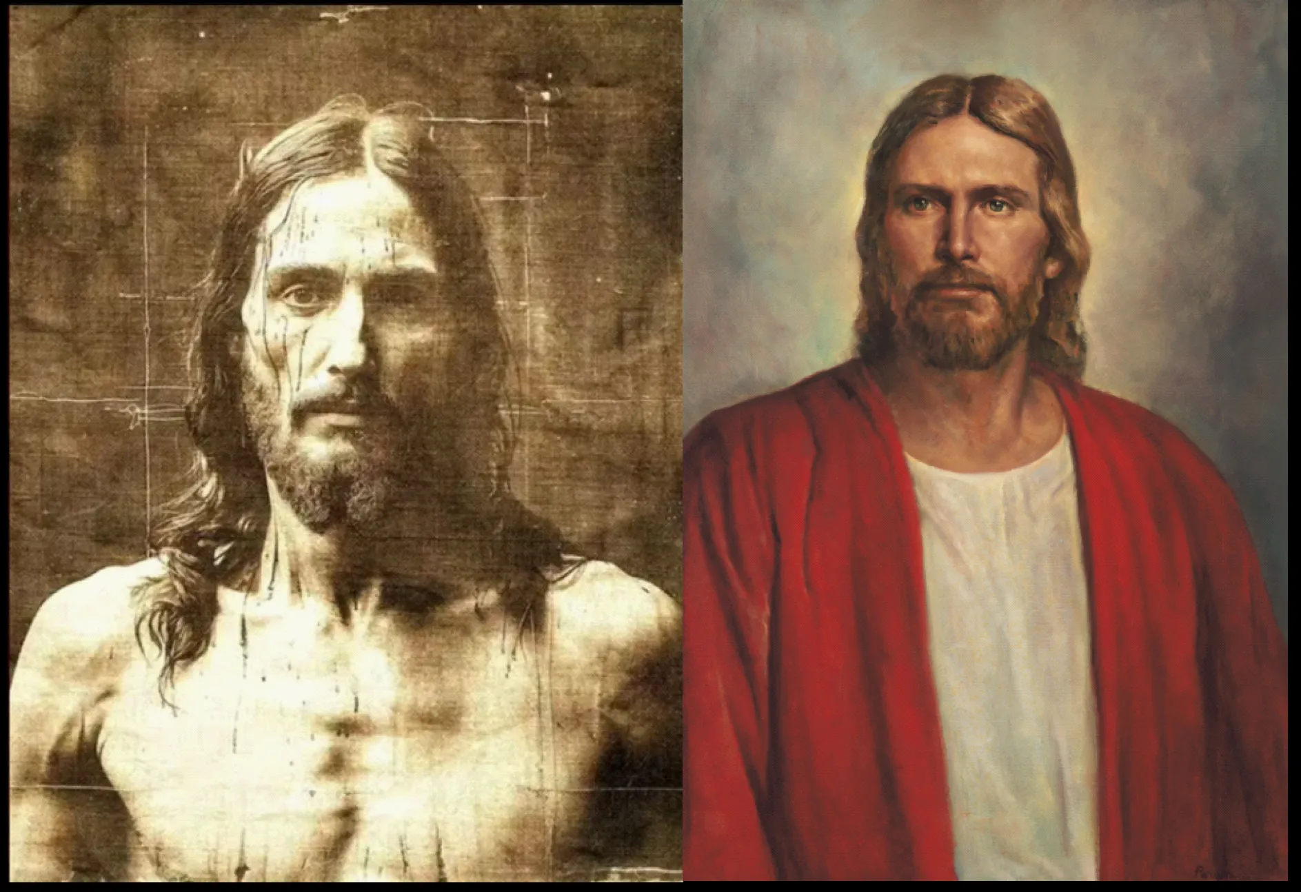 Side-by-side comparison of the Shroud of Turin facial reconstruction and Del Parson's Red Robe Christ painting, showing shared facial geometry.